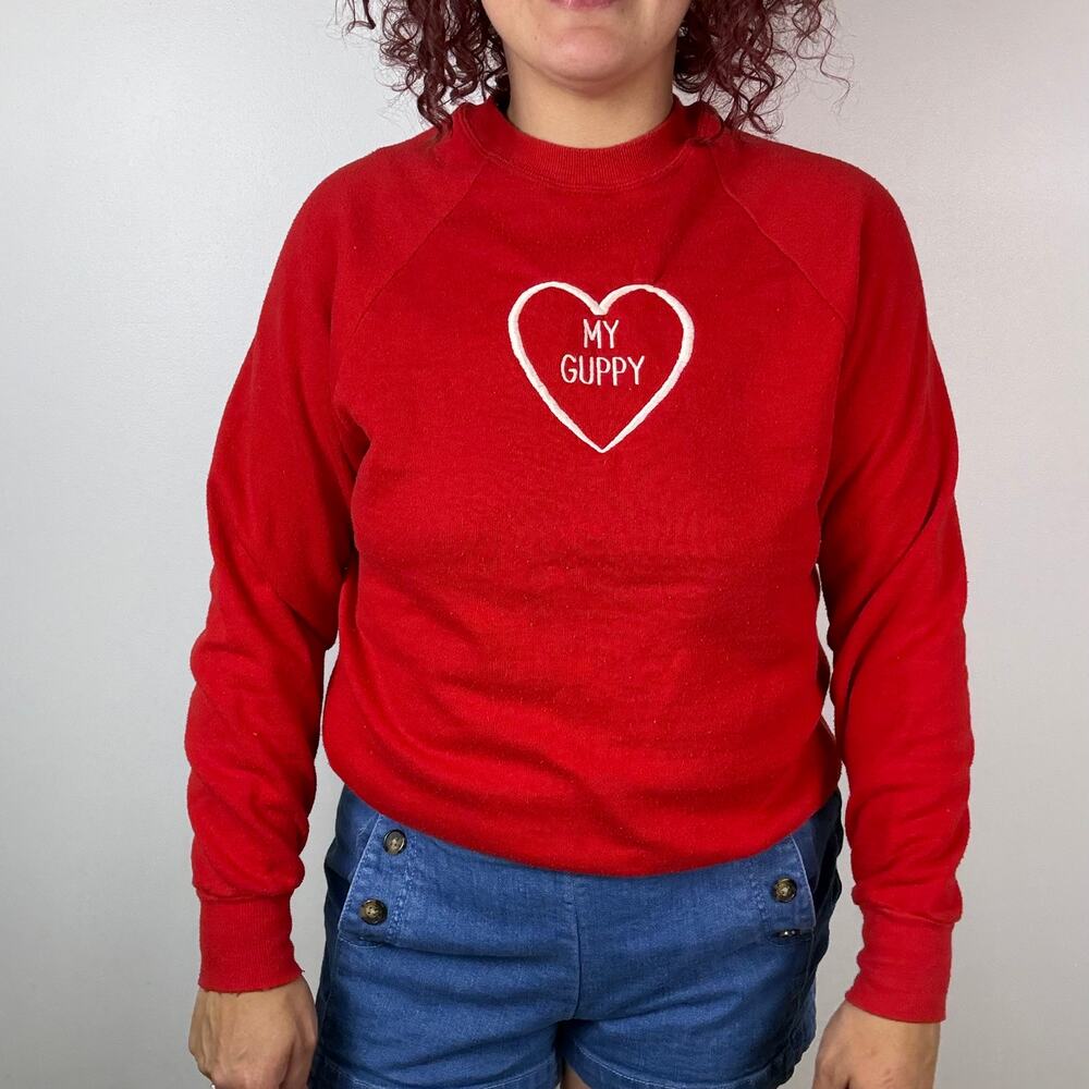 Vintage Jerzees My Guppy Heart Embroidered Red Crewneck Retro Valentine